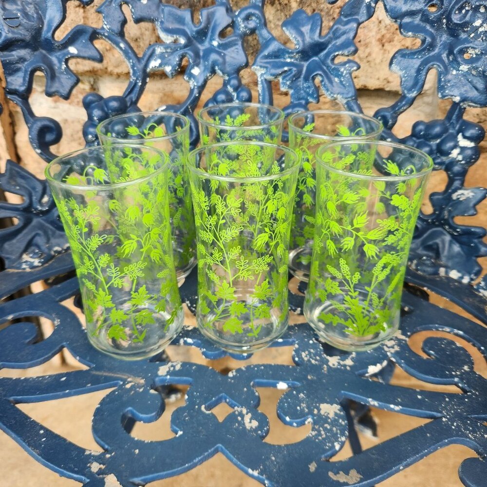 1970's Set of 6 Libbey Green Spring Greenery Tumbler Glass Drinking Glasses